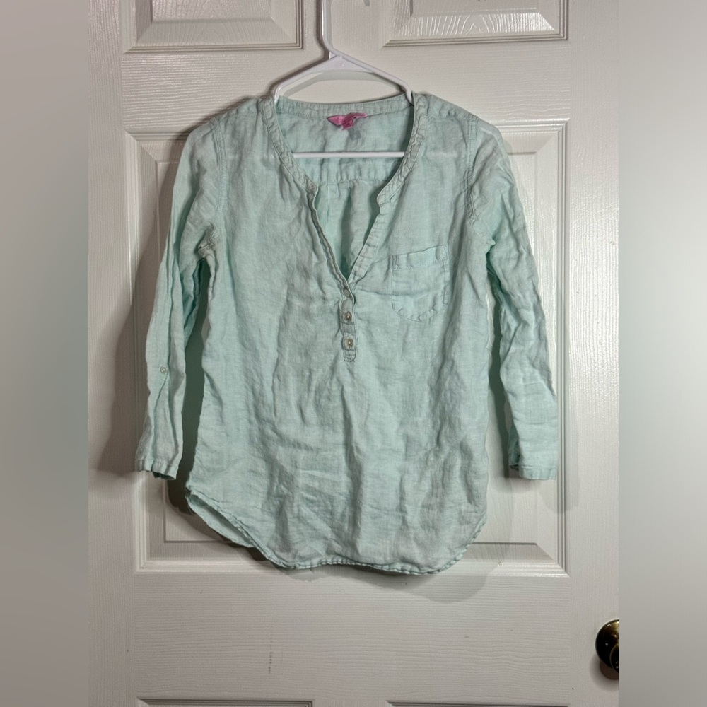 Lilly Pulitzer Shirt Womens XS Green Linen Half Button Pocket LS Tunic Cover Up